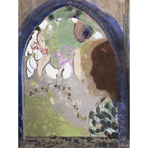 Woman at The Window Black Modern Wood Framed Art Print with Double Matting by Redon, Odilon