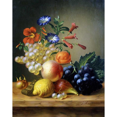 Grapes, a Lemon, a Fig and other Fruit Black Modern Wood Framed Art Print with Double Matting by Reekers, Johannes