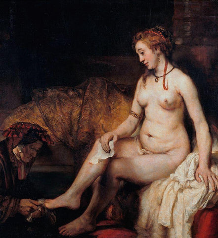 Bathsheba at Her Bath White Modern Wood Framed Art Print with Double Matting by Rembrandt Van Rijn,