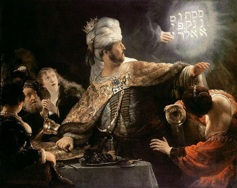 Belshazzars Feast White Modern Wood Framed Art Print with Double Matting by Rembrandt Van Rijn,