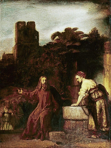 Christ and The Woman of Samaria Black Ornate Wood Framed Art Print with Double Matting by Rembrandt Van Rijn,