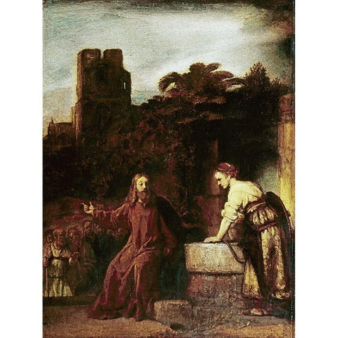 Christ and The Woman of Samaria Black Modern Wood Framed Art Print with Double Matting by Rembrandt Van Rijn,