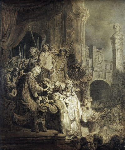 Christ Presented To The People Black Ornate Wood Framed Art Print with Double Matting by Rembrandt Van Rijn,