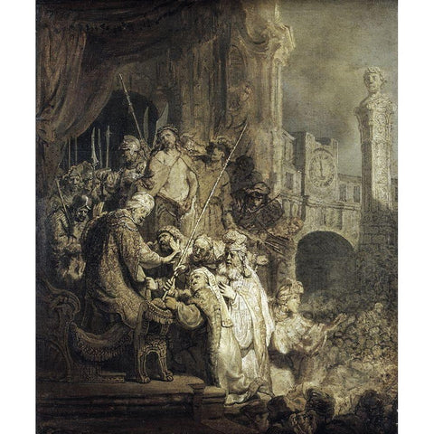 Christ Presented To The People Gold Ornate Wood Framed Art Print with Double Matting by Rembrandt Van Rijn,