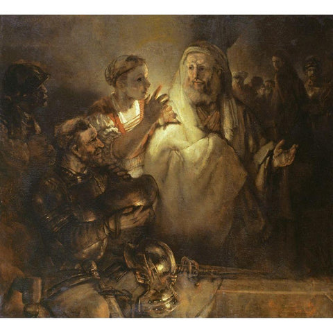 Denial of St Peter White Modern Wood Framed Art Print by Rembrandt Van Rijn,