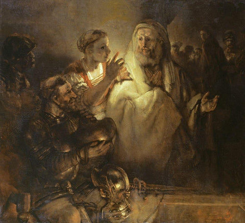 Denial of St Peter White Modern Wood Framed Art Print with Double Matting by Rembrandt Van Rijn,