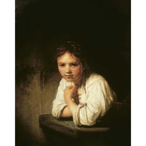 Girl at Window Gold Ornate Wood Framed Art Print with Double Matting by Van Rijn, Rembrandt