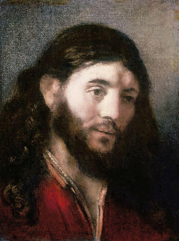 Head of Christ White Modern Wood Framed Art Print with Double Matting by Rembrandt Van Rijn,