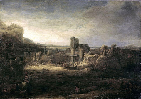 Landscape with a Church White Modern Wood Framed Art Print with Double Matting by Rembrandt Van Rijn,