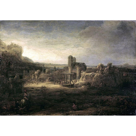 Landscape with a Church Black Modern Wood Framed Art Print by Rembrandt Van Rijn,