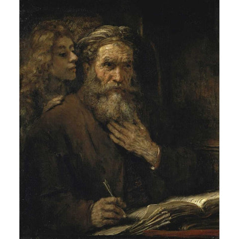 Saint Matthew and The Angel Black Modern Wood Framed Art Print with Double Matting by Van Rijn, Rembrandt
