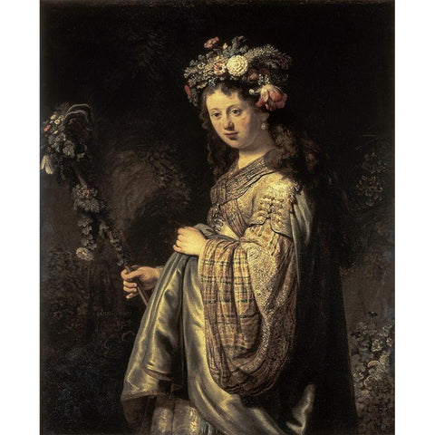 Saskia As Flora Gold Ornate Wood Framed Art Print with Double Matting by Rembrandt Van Rijn,