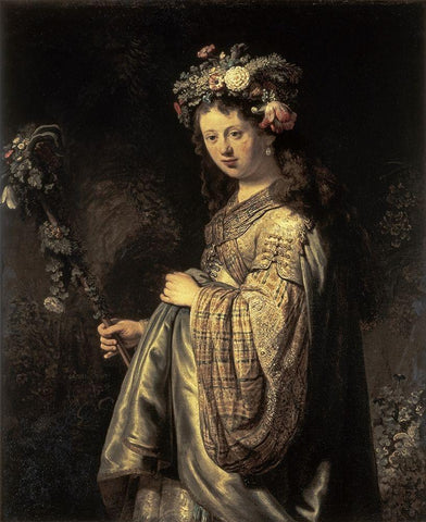 Saskia As Flora White Modern Wood Framed Art Print with Double Matting by Rembrandt Van Rijn,
