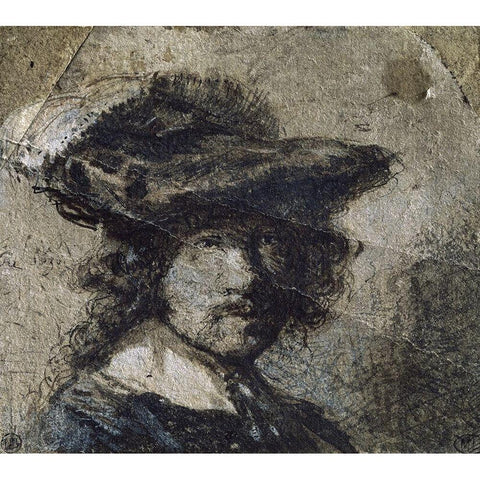Self Portrait With Cap of Feathers and a Whitecollar - Study White Modern Wood Framed Art Print by Rembrandt Van Rijn,