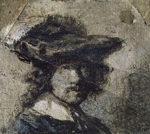 Self Portrait With Cap of Feathers and a Whitecollar - Study Black Ornate Wood Framed Art Print with Double Matting by Rembrandt Van Rijn,