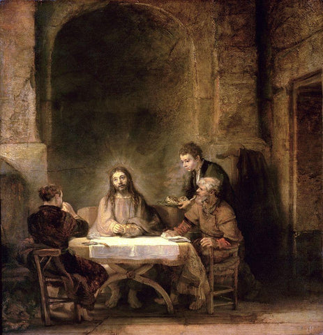 Supper at Emmaus White Modern Wood Framed Art Print with Double Matting by Rembrandt Van Rijn,
