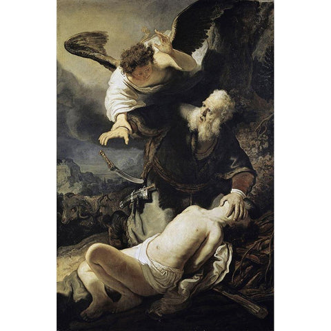 The Sacrifice of Isaac White Modern Wood Framed Art Print by Rembrandt Van Rijn,