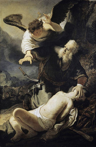 The Sacrifice of Isaac White Modern Wood Framed Art Print with Double Matting by Rembrandt Van Rijn,