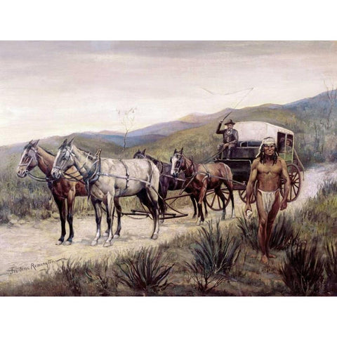 Halted Stagecoach Black Modern Wood Framed Art Print with Double Matting by Remington, Frederic