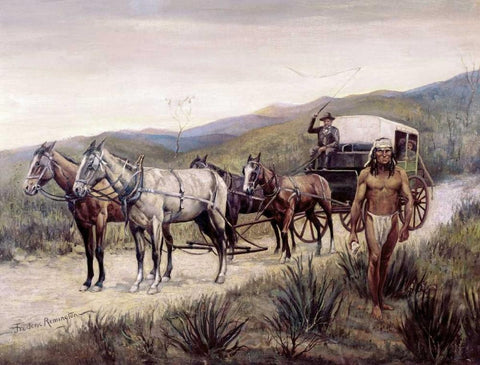 Halted Stagecoach Black Ornate Wood Framed Art Print with Double Matting by Remington, Frederic