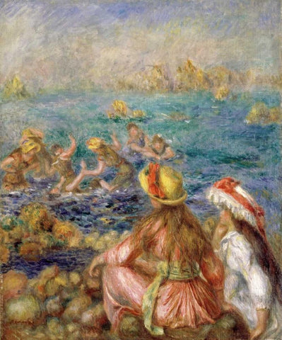 Bathers White Modern Wood Framed Art Print with Double Matting by Renoir, Pierre-Auguste