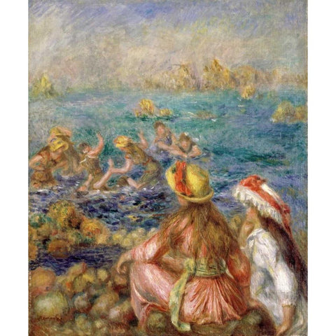 Bathers Black Modern Wood Framed Art Print by Renoir, Pierre-Auguste