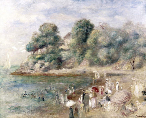 Beach at Pornic Black Ornate Wood Framed Art Print with Double Matting by Renoir, Pierre-Auguste