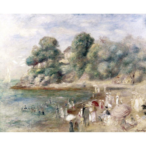 Beach at Pornic White Modern Wood Framed Art Print by Renoir, Pierre-Auguste