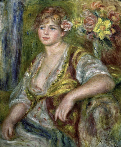 Blonde in Pink Black Ornate Wood Framed Art Print with Double Matting by Renoir, Pierre-Auguste