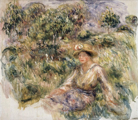 Femme en bleu en chapeau assise sur lherbe Black Ornate Wood Framed Art Print with Double Matting by Renoir, Pierre-Auguste