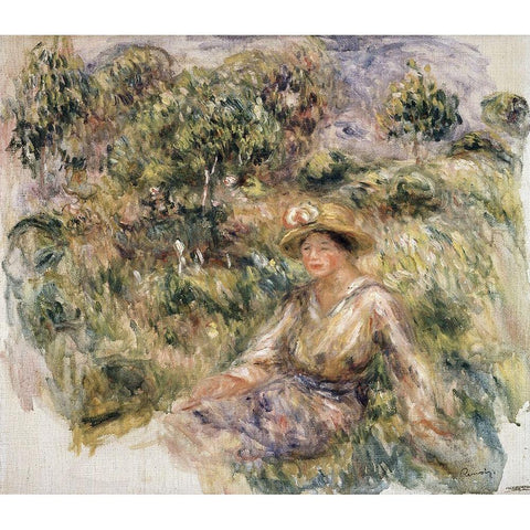 Femme en bleu en chapeau assise sur lherbe Black Modern Wood Framed Art Print by Renoir, Pierre-Auguste