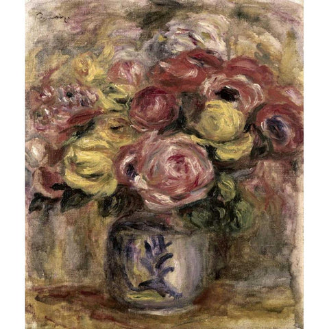 Flowers in a Blue and White Vase White Modern Wood Framed Art Print by Renoir, Pierre-Auguste
