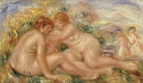 Four Bathers White Modern Wood Framed Art Print with Double Matting by Renoir, Pierre-Auguste