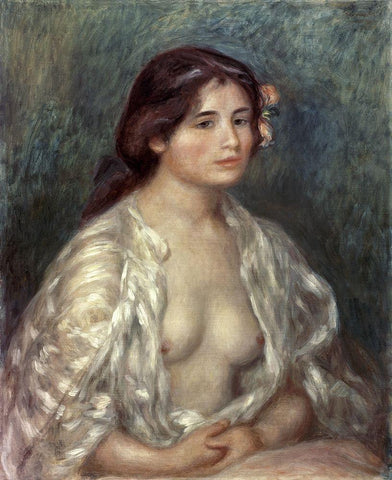 Gabrielle in an Open Blouse Black Ornate Wood Framed Art Print with Double Matting by Renoir, Pierre-Auguste