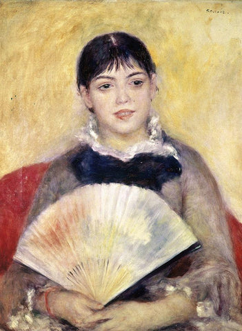 Girl with a Fan White Modern Wood Framed Art Print with Double Matting by Renoir, Pierre-Auguste