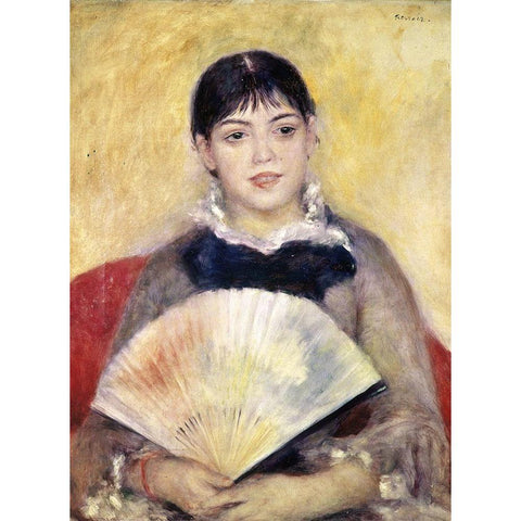 Girl with a Fan Black Modern Wood Framed Art Print by Renoir, Pierre-Auguste