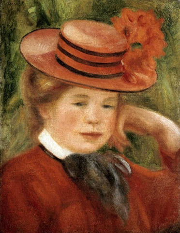 Girl with a Red Hat Black Ornate Wood Framed Art Print with Double Matting by Renoir, Pierre-Auguste