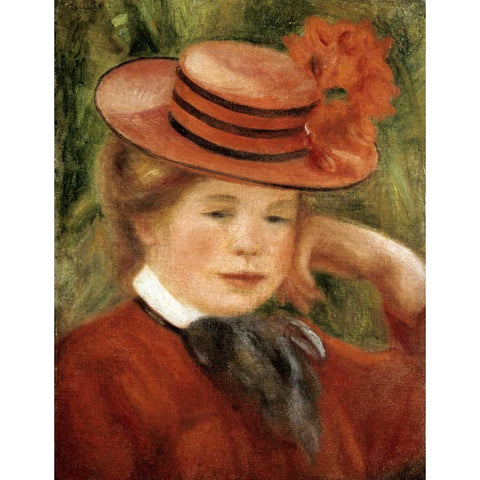 Girl with a Red Hat Black Modern Wood Framed Art Print by Renoir, Pierre-Auguste