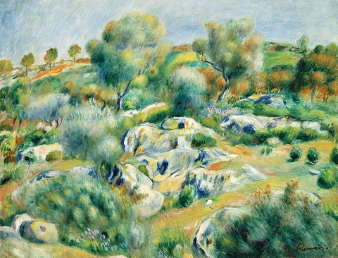 Landscape of Bretagne, Trees and Rocks Black Ornate Wood Framed Art Print with Double Matting by Renoir, Pierre-Auguste