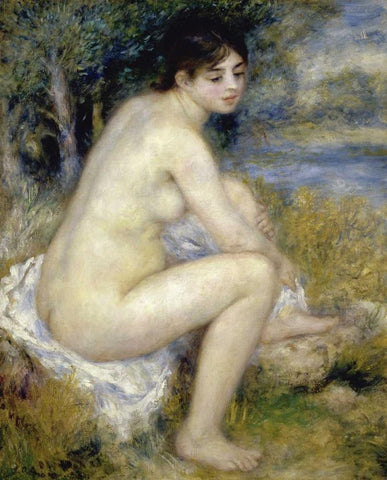 Nude Woman Seated In A Landscape White Modern Wood Framed Art Print with Double Matting by Renoir, Pierre-Auguste