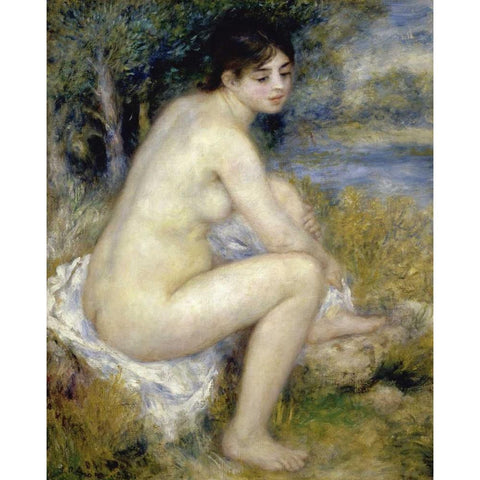 Nude Woman Seated In A Landscape Black Modern Wood Framed Art Print by Renoir, Pierre-Auguste