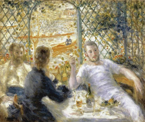 The Rowers Lunch White Modern Wood Framed Art Print with Double Matting by Renoir, Pierre-Auguste