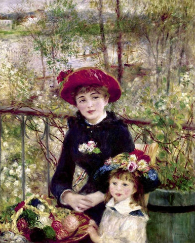 Two Sisters - On The Terrace Black Ornate Wood Framed Art Print with Double Matting by Renoir, Pierre-Auguste