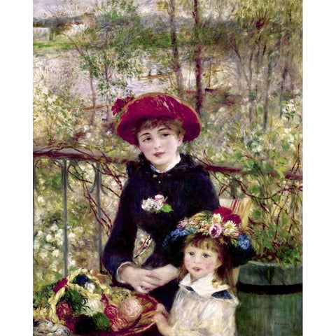 Two Sisters - On The Terrace Black Modern Wood Framed Art Print with Double Matting by Renoir, Pierre-Auguste