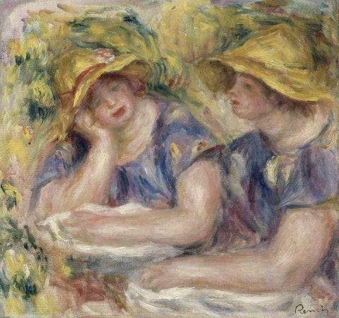 Two Women in Blue Blouses Black Ornate Wood Framed Art Print with Double Matting by Renoir, Pierre-Auguste