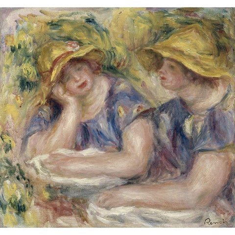 Two Women in Blue Blouses Gold Ornate Wood Framed Art Print with Double Matting by Renoir, Pierre-Auguste