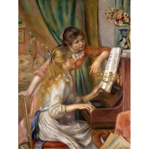 Two Young Girls at the Piano Black Modern Wood Framed Art Print with Double Matting by Renoir, Pierre-Auguste