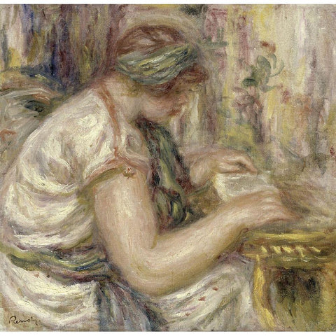 Woman in an Arabian Blouse Reading White Modern Wood Framed Art Print by Renoir, Pierre-Auguste