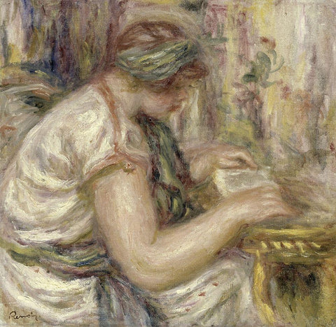 Woman in an Arabian Blouse Reading White Modern Wood Framed Art Print with Double Matting by Renoir, Pierre-Auguste