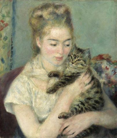 Woman with a Cat White Modern Wood Framed Art Print with Double Matting by Renoir, Pierre-Auguste